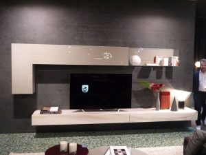 36e8  suspendedTv system composition  in lacquered glass and x-glass marble effect finishing